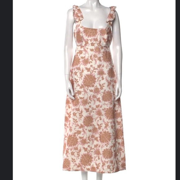 ZIMMERMANN Postcard Linen Tie Shoulder Midi Dress Sz 0 Tan Floral Open Back - Picture 5 of 16